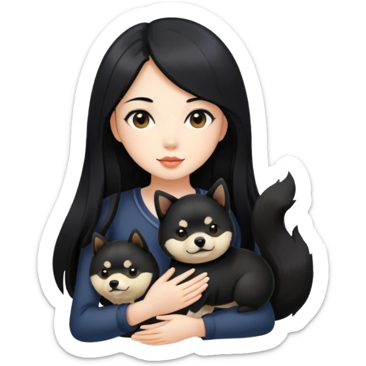 A beautiful girl with long black hair holding a black Shiba Inu sticker