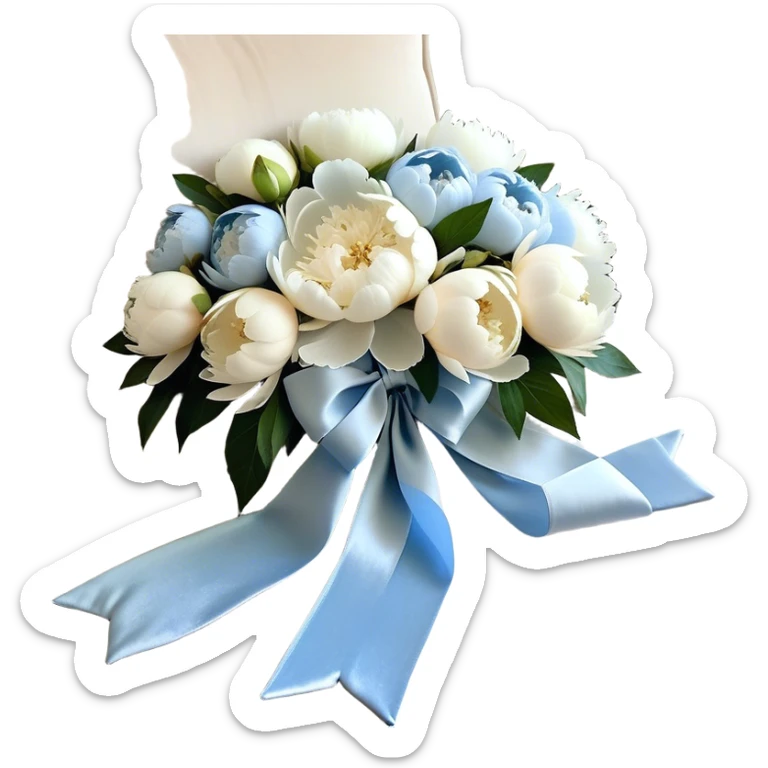 A cascading arrangement of white and pale blue peonies spills over a plush beige velvet fabric, their petals contrasting beautifully with the gentle richness of the background. A translucent, pearl-toned ribbon winds through the blooms, forming a loosely tied bow with delicate, flowing tails. The velvet absorbs the light, casting soft shadows that highlight the peonies’ intricate layers, making them appear even more voluminous and luxurious. sticker