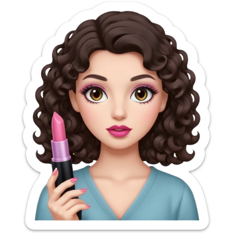 A dark brown hair little curl hair like 6 mm. roll looks so beautiful, she has an round and almond eyes with long and curl eyelashes in Douyin style, one of her hand carrying a lipstick looks similar to Rhode pink lip, her make up is cool tone and neutral style   sticker