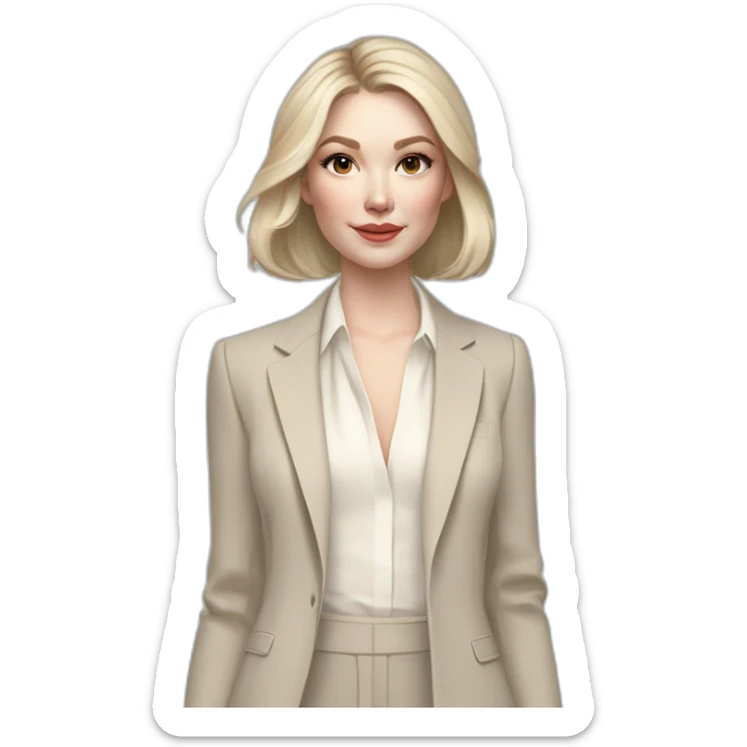 pale skin woman with ash blonde Straightened bob Hair, White Spacious classical jacket, beige palazzo Arrow pants and gray blouse holding a color palettes in the hands sticker