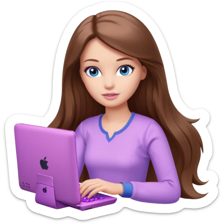 beautiful barbie girl with long brown hair, blue eyes and wearing light purple clothes playing pc games sticker