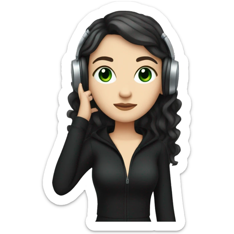 White  girl with dark hair green eyes, black clothes, listening to music  sticker