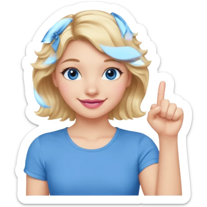 Girl Blonde short wavy hair,  blue eyes, cute blue top, long lashes, pink lips, smiling, fist bump sticker
