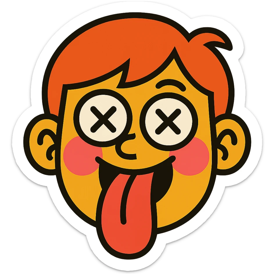 vibrant toon style face with tongue sticking out, eyes crossed, blushing, silly expression sticker