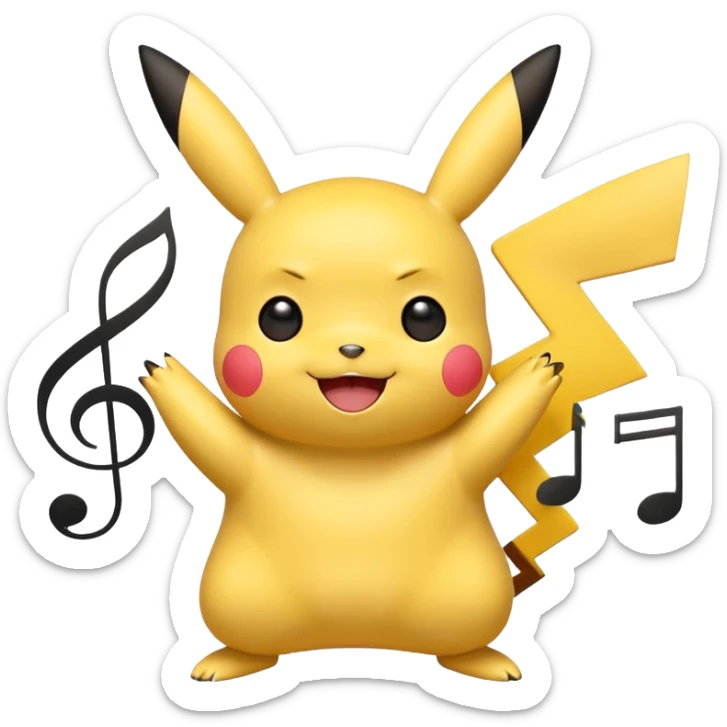 Pikachu inspired by the Rednote app emoji style, yellow body, musical symbols, cute happy face sticker