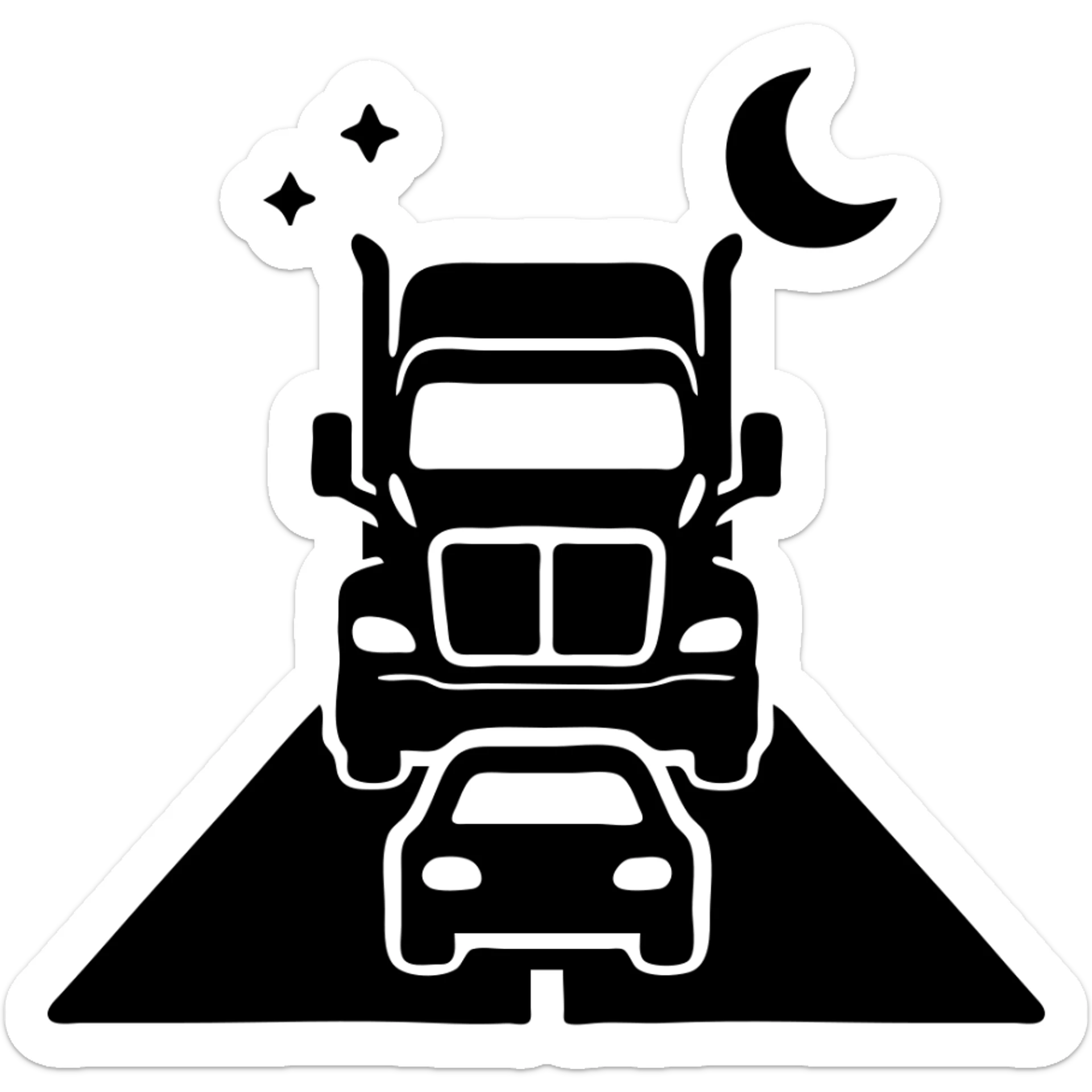 minimal flat icon style of 2026 Black Kenworth T680 Sleeper semi truck with tall chrome muffler stacks, headlights on, driving down a road with a car in front, night scene sticker