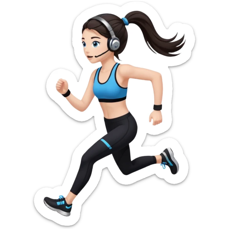 A girl with fair skin and a caring blush. Her eyes are big, expressive, blue. Her hair is long, straight, dark brown. 

 in a ponytail 


with black leggings and black spot bra running with headphones sticker