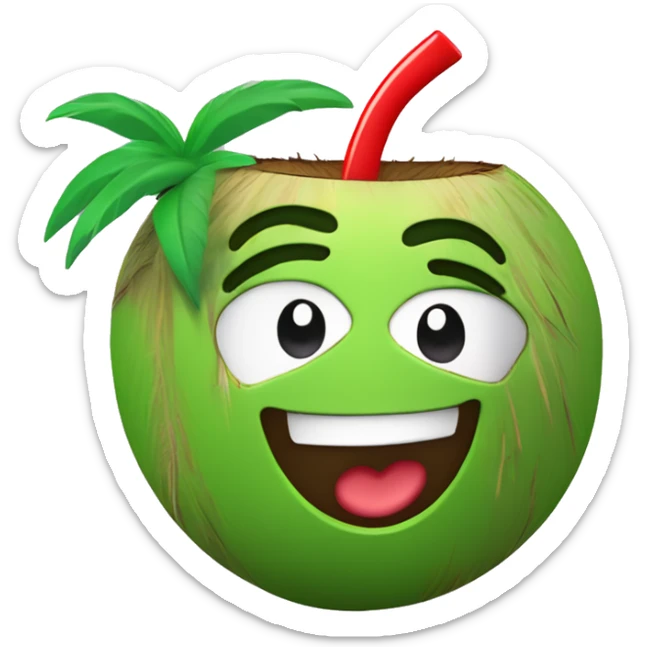 "Create a fun emoji of a green coconut with a red straw on top. The coconut is wearing a yellow t-shirt and making a 'C' gesture with one hand and a 'thumbs up' with the other. The character should appear cheerful and inviting." sticker