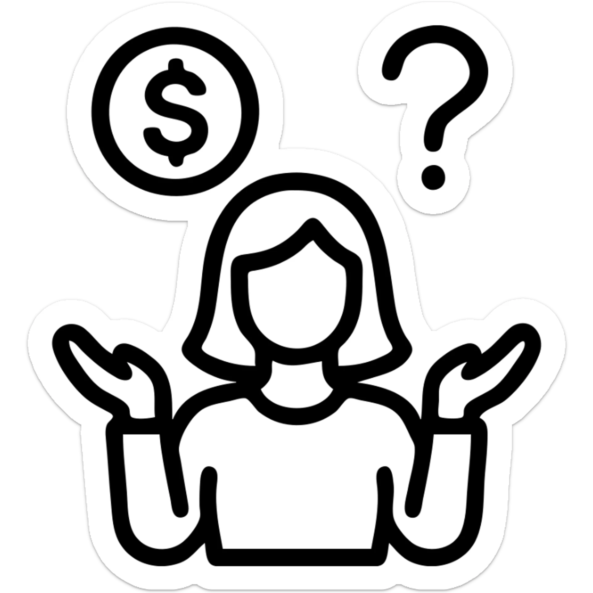 simple icon of a female figure with hands raised, money floating above, and a question mark, expressing helplessness sticker