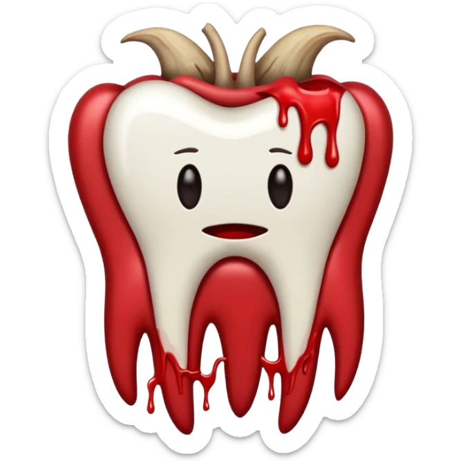 Minimalist emoji-style sticker of a pulled tooth with roots and a smear of blood at the base. Black and desaturated red colors. Flat, clean outline on white.
 sticker