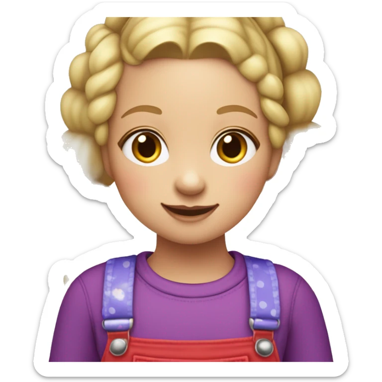 A little blonde girl with pigtails and little purple bows wearing a red long-sleeved shirt and purple overalls with blue tights with green polka dots and purple sneakers. sticker