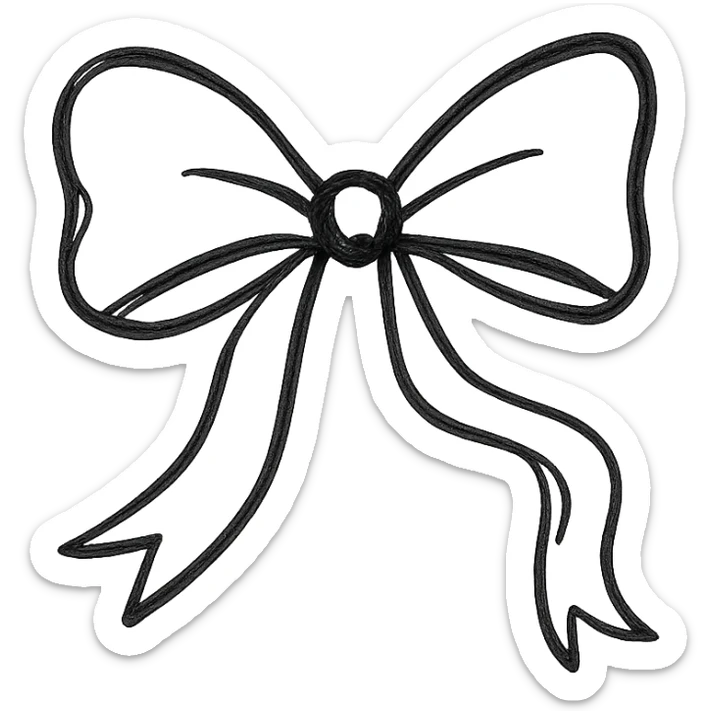 minimalist hand drawn black outline of a bow with flowing ribbon ends with white clean background sticker