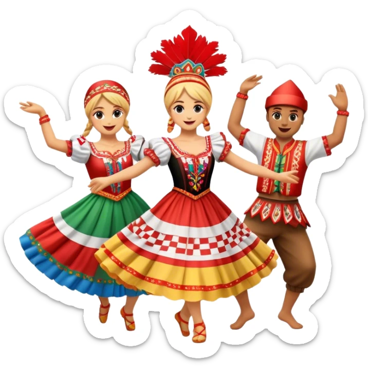 Cinematic Realistic Linđo Dance Emoji, depicted as a traditional Croatian folk dance with lively movements and colorful costumes, rendered with dynamic textures and vibrant festive lighting that captures its cultural vibrancy. sticker