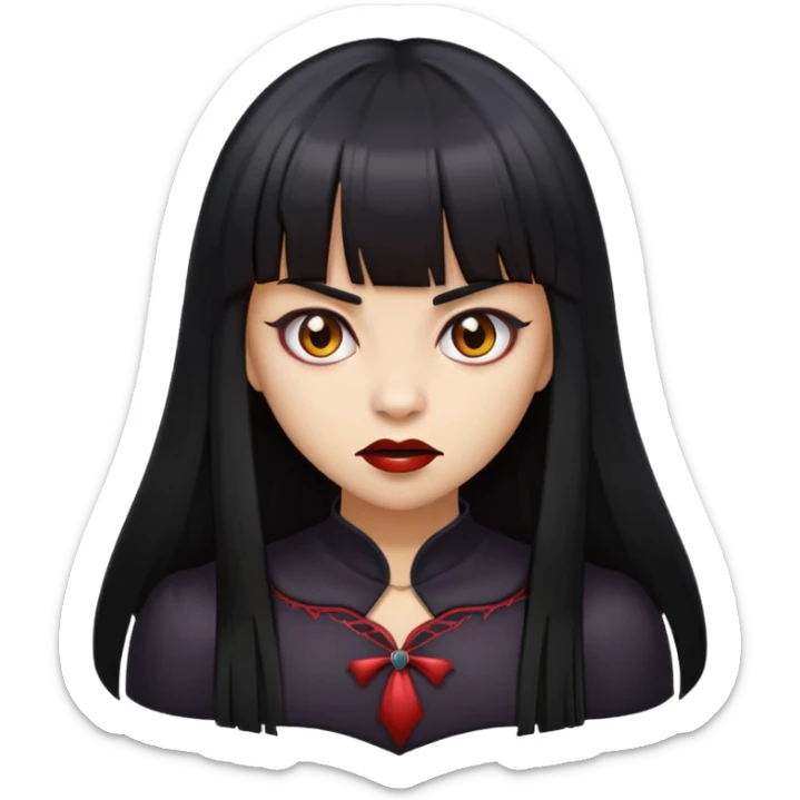 A girl with long black straight hair with bangs and medium brown skin color emoji traditional scary vampire version sticker