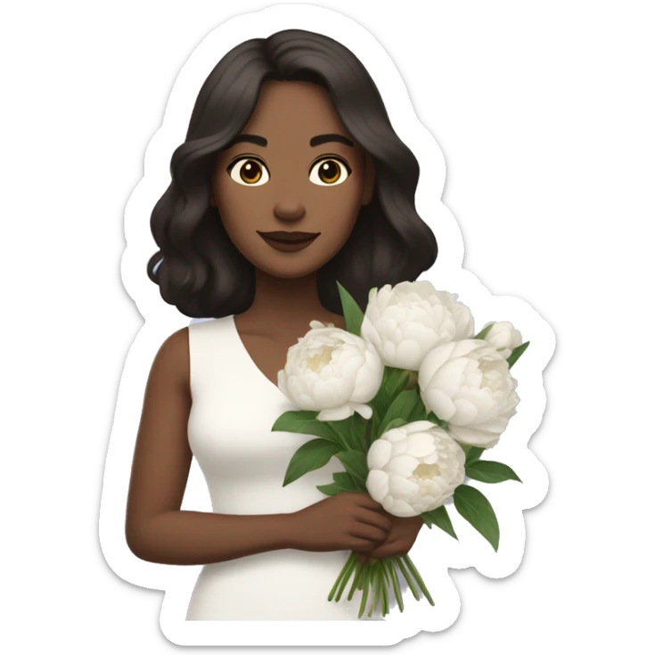 A woman with shoulder length dark brown hair holding a bouquet of white peonies sticker