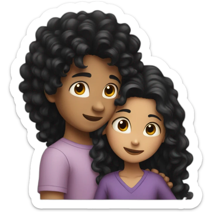 Boy with black hair and girl with long curly black hair hugging sticker