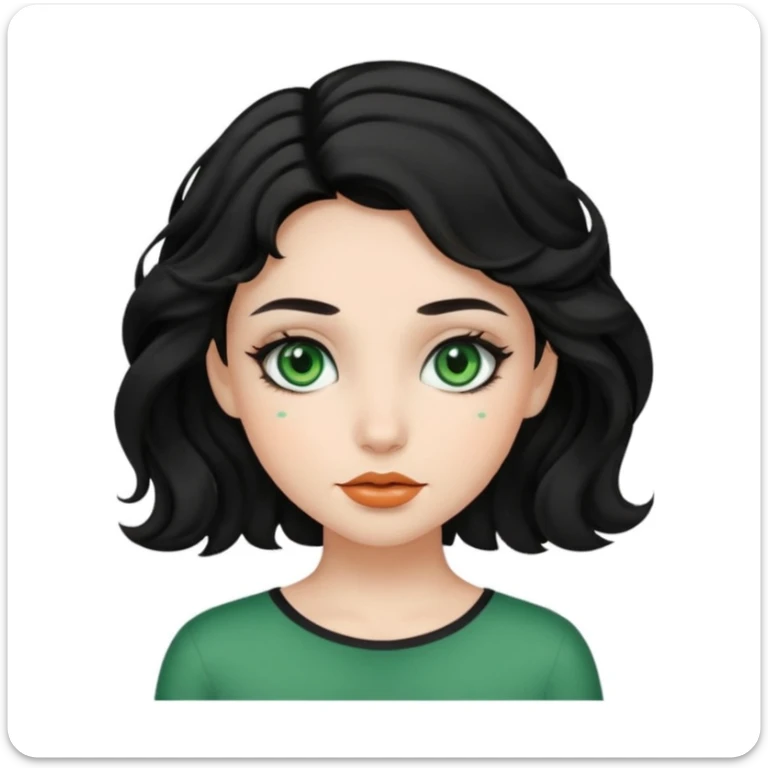 A girl with green eyes, black wavy hair with clean girl make up sticker