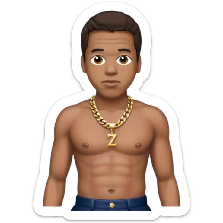 Jay-Z with dark brown hair, shirtless with necklace, metallic navy blue pants sticker