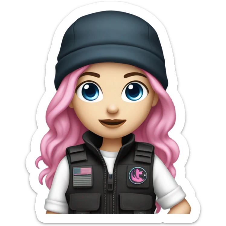 girl, white skin, tactical vest, dark pants, long pink hair, blue eyes, black beanie hat with crescent moon on front, black combat boots, gun sticker