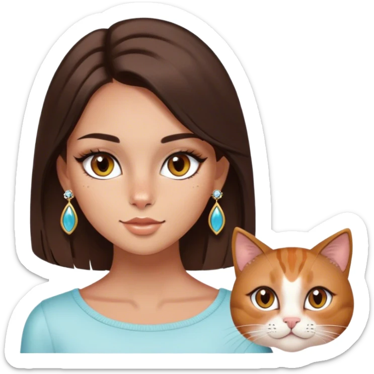 brunette girl, brown eyes, straight hair, slightly dark color, white skin, slightly tanned, cat eyes with pretty eyelashes, few freckles, earrings, beyonette lenses placed almost on the tip of the nose, toast makeup sticker