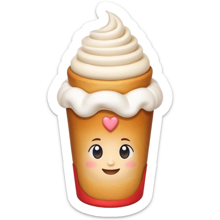 Cute emoji of a Hungarian chimney cake (kürtőskalács), cylindrical pastry, light brown baked dough with sugar coating, topped with white whipped cream, served in a small white paper cup sticker