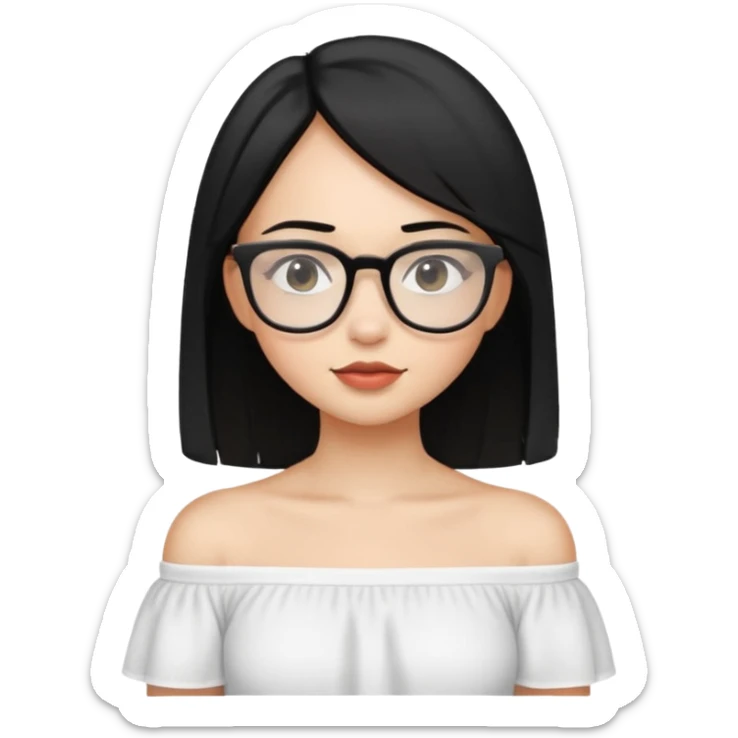 A light skinned girl with straight black hair on shoulder length wearing a white off shoulder and glasses sticker