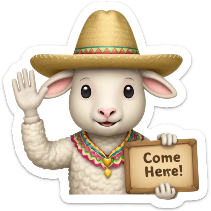 Sheep man with a sombrero waving and holding a sign that says come here! sticker