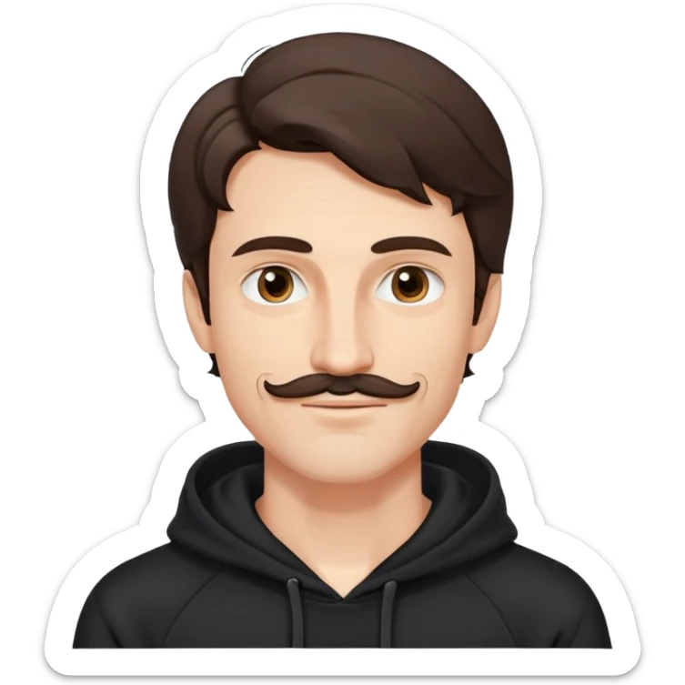 Slim Hombre joven caucasian, cara alargada, bigote fino, cejas arqueadas, pelo castaño oscuro ondulado. Sonrisa leve, expresión suave-alegre. Hoodie negro. sticker