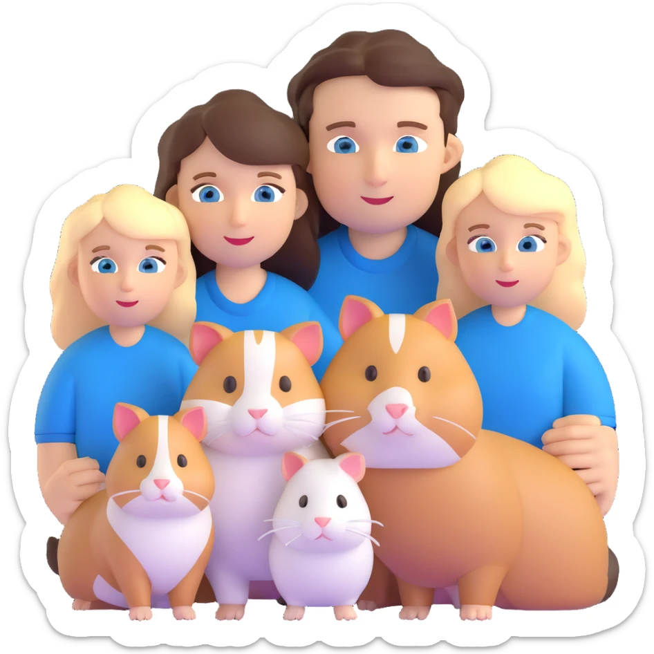 Family portrait with father with dark brown hair and blue eyes, mother with light brown hair and blue eyes, three blonde little girls with blue eyes, plus a cat and two guinea pigs sticker