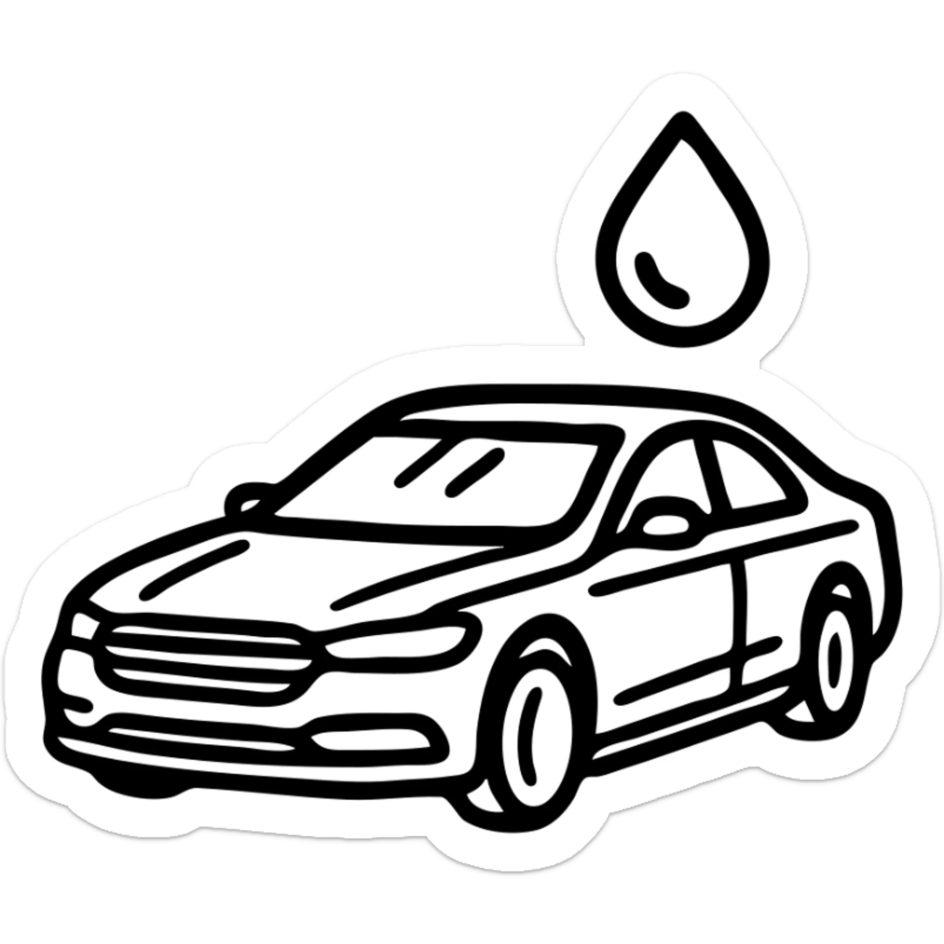 outlined icon of a full premium vehicle with glossy black paint, strong mirror-like shine and reflections, water droplet sliding on the hood or roof, clean lines, subtle repellent effect, modern and simple sticker