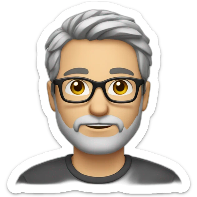 Caucasian man 40. brown eyes. short hair and short gray beard. disheveled on end. black glasses sticker
