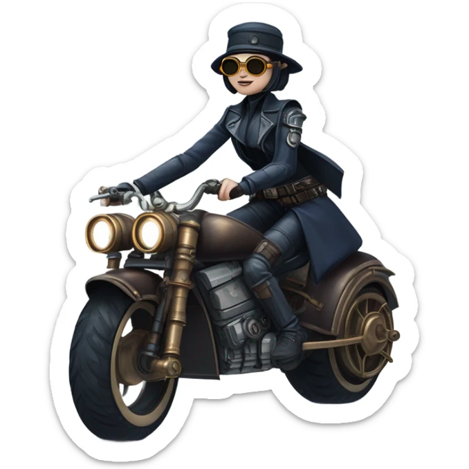 Bounty hunter Wednesday Addams Jedi wearing a pair of navy-blue rimmed steampunk goggles, hat, leather chaps, light saber, fringe jacket riding a distressed sci-fi 3 wheeled steampunk electric motorcycle with fenders and saddlebags on icy road  sticker