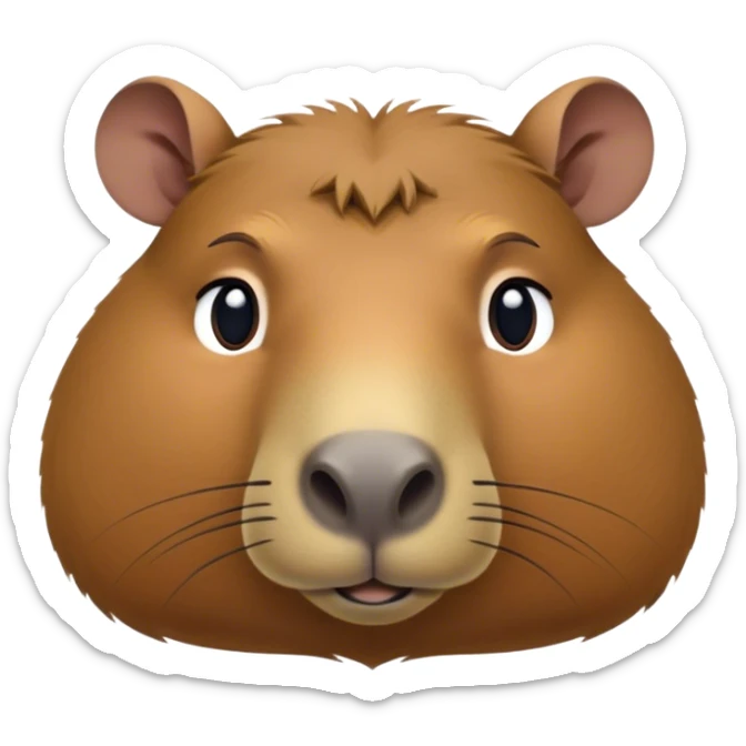 Cinematic Noble Capybara Portrait Emoji, Poised and serene, with a robust, rounded build and a characteristically broad, slightly flattened capybara face featuring a short snout and small, rounded ears, covered in soft, earthy fur with subtle natural texture and gentle, wise eyes; rendered in lifelike detail with natural light, high shine, intelligent and calm, styled with an air of understated authority, focused and attentive, soft glowing outline, capturing the essence of a watchful and confident capybara that appears ready to step out of the screen with effortless dignity! sticker
