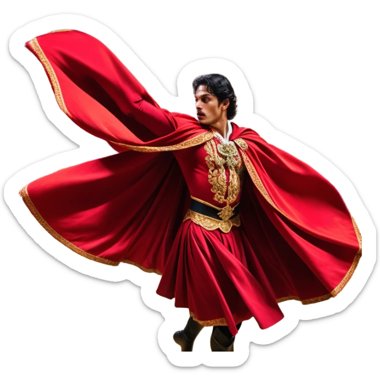 ​Cinematic Realistic Spanish Matador Holding a Red Cape, depicted in mid-action with a vibrant red cape flowing in the wind, dressed in an ornate traje de luces with shimmering details, confronting a charging bull in a dramatic arena, rendered with dynamic motion blur and vivid, high-contrast lighting, sticker