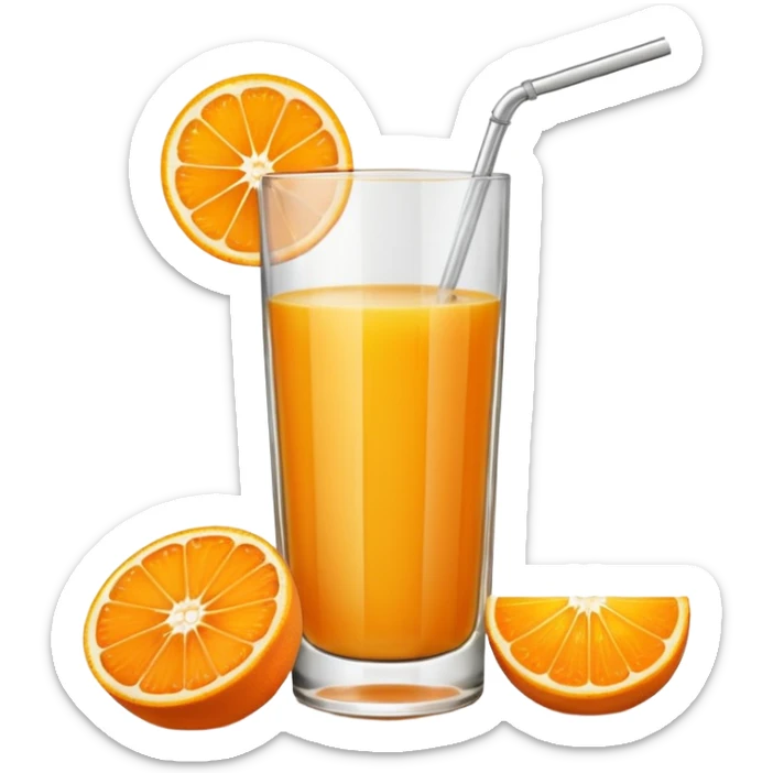 A glas of orange juice. Without a straw. With a slice of orange next to it on the bottom sticker