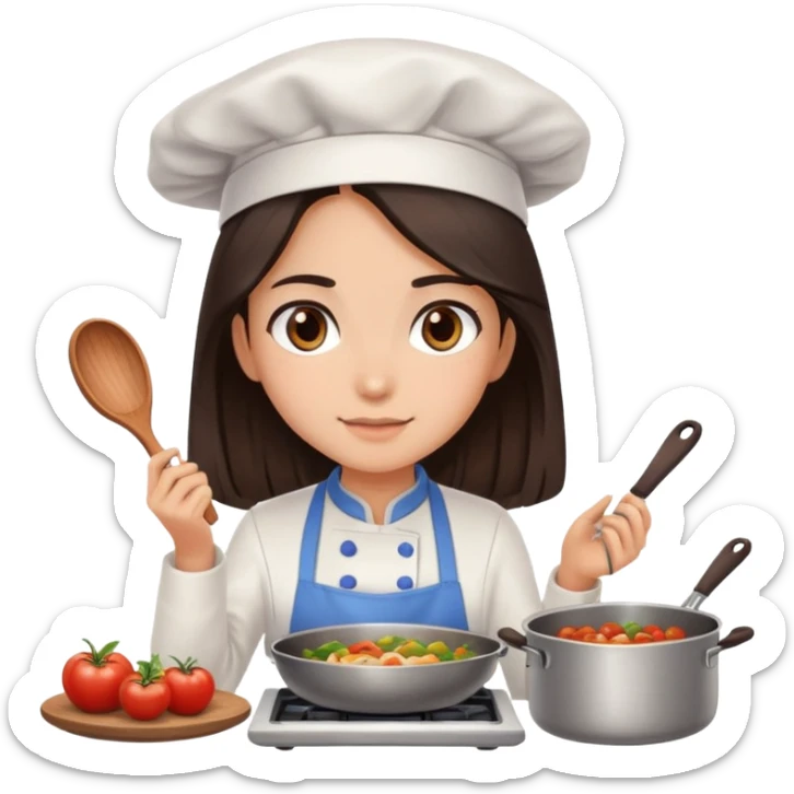 cooking food girl really long dark brown hair and dark brown eyes, ight to medium skin tone sticker