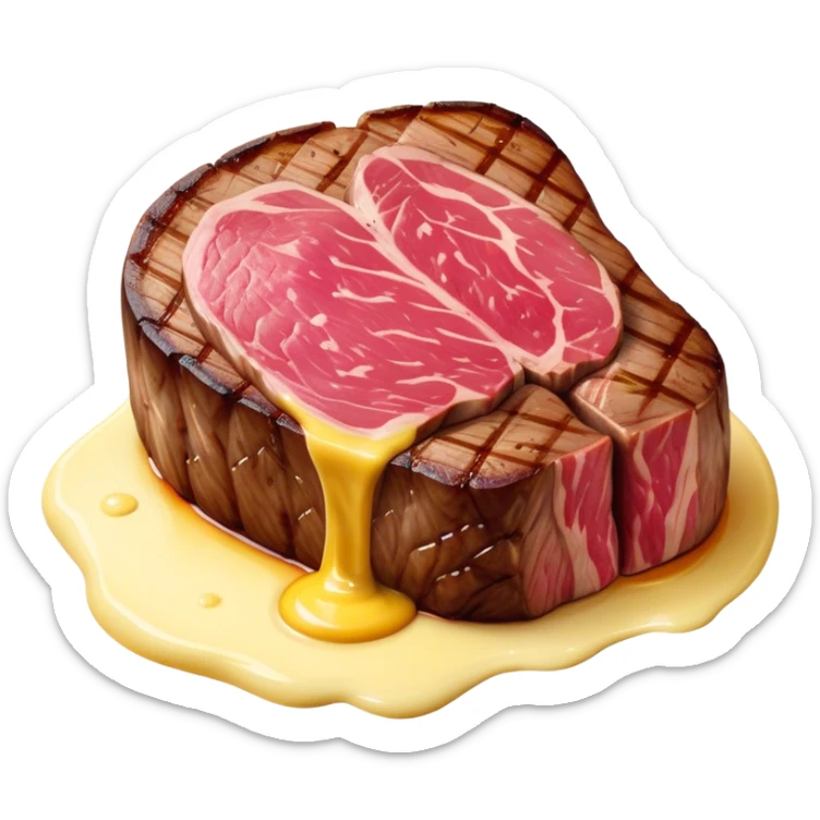 Cinematic thick-cut steak, perfectly seared with grill marks, a juicy pink center, butter melting on top, rich and savory, warm glow, sizzling and mouthwatering, highly detailed and appetizing. sticker