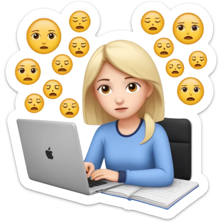 3D emoji style sticker, young woman, white background, slight exam stress, sitting with a laptop, IELTS practice test on the screen showing Overall 5.5, tired but determined expression, notebooks and papers around, soft lighting, minimal details, clean aesthetic, astrology style sticker