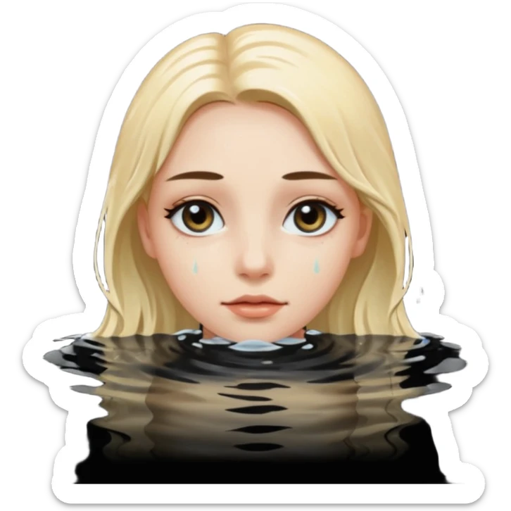 Woman submerged in black water, wet skin and eyes above surface, silent invitation sticker
