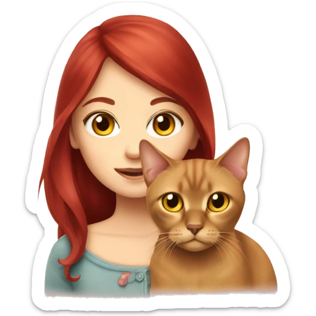 cherry red hair cute girl holding burmese brown cat with yellow eyes sticker