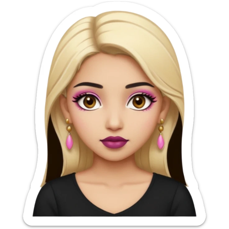 Sweet Indian girl blonde hair darkbrow eyes brown lipstick, pink blush, black top gold earrings, brown eyebrows gold eyeshadow  sticker