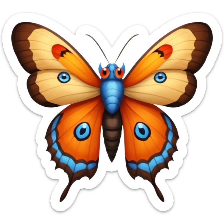 moth with blue eyes mornach butterfly wings orange and yellow with red godzilla eyes on the wings, brown tail, black Moth Insect Arms and legs almost like mothra sticker