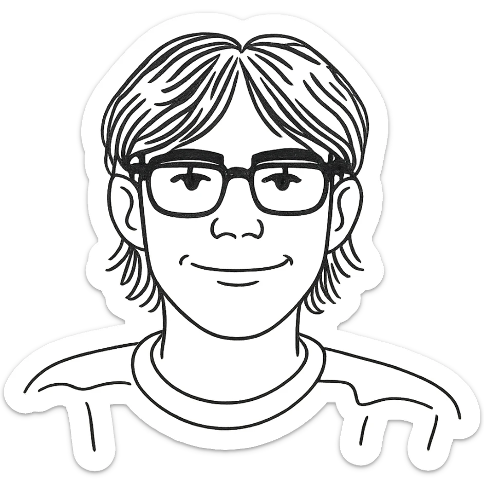 Dark-haired guy with hair to his earlobes, square black glasses, brown eyes sticker
