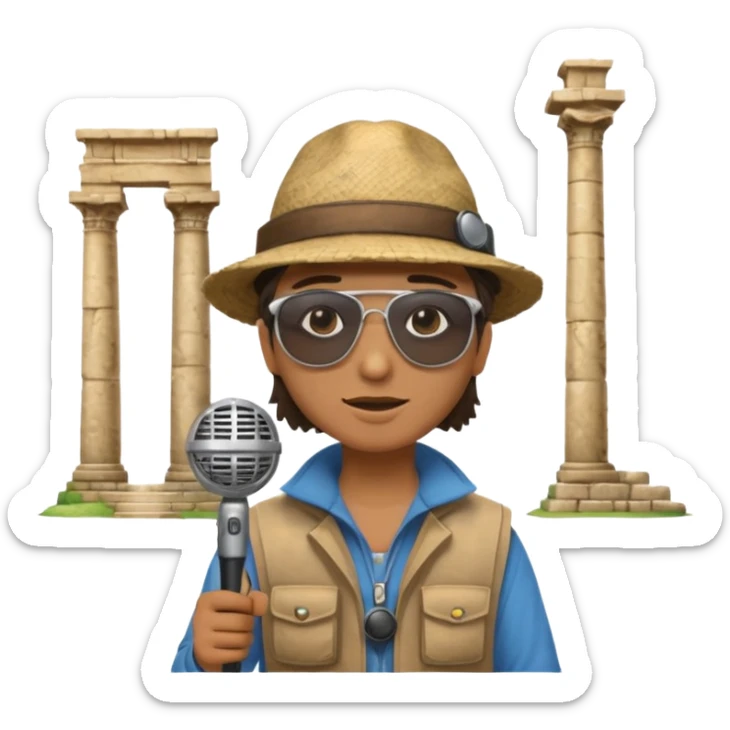 Icon for Documentary Film: A TV-style design with a traveler speaking in front of ancient ruins. Include details like a microphone, the traveler in casual explorer attire, and the ruins in the background. Capture the atmosphere of an informative journey through history. Transparent background. sticker