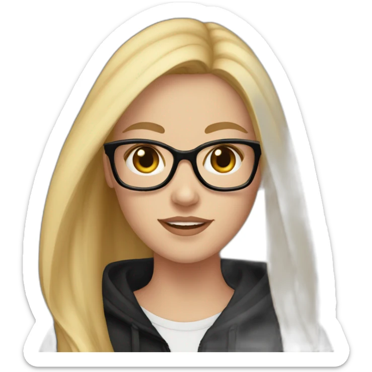 white girl with glasses and long blonde hair and black hoodie and a red doberman sticker