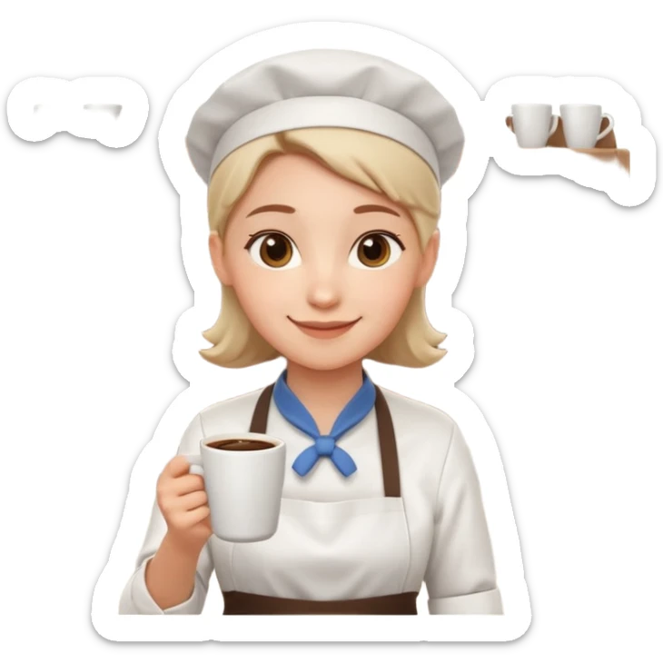 cute barista portrait, head and shoulders only, wearing apron, coffee shop uniform, friendly smile, holding a small coffee cup, 3D cartoon, mobile game icon style, clean background, no text, no watermark
 sticker
