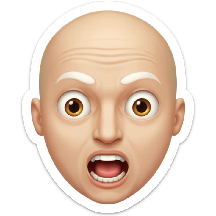 Cabaret portrait of a bald man with a whitened face and made-up eyes and mouth, a huge, wide-open mouth and a startled look sticker