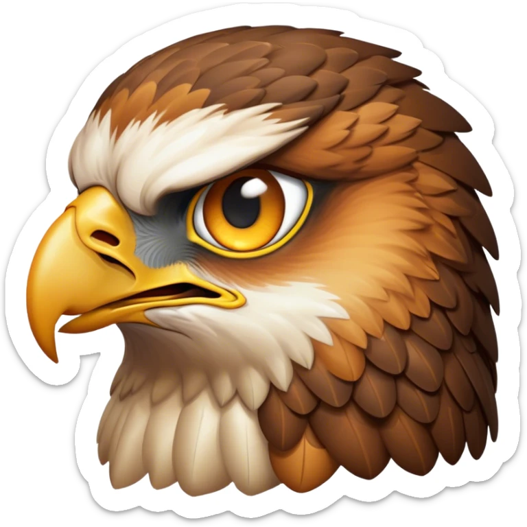 Cinematic Noble Hawk Portrait Emoji, Poised and regal, with a sturdy, agile build, a sharp, hooked beak, and intense, focused eyes that exude predatory precision, Simplified yet sharp and sophisticated features, highly detailed, glowing with a soft, golden glow, high shine, intelligent and vigilant, stylized with an air of aerial mastery, focused and determined, soft glowing outline, capturing the essence of a watchful and confident hawk that appears ready to soar out of the screen with effortless authority! sticker