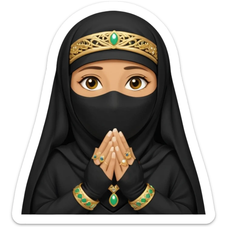 an old emirati women wearing traditional cloths covers her face with burg'a a;; the cloths and burqa'a are black sticker