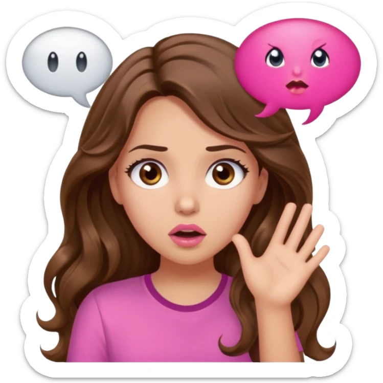 girl with long wavy brown hair, brown eyes, light to medium complexion, in a pink shirt, pink lips, long lashes, surprised, wow speech bubble sticker